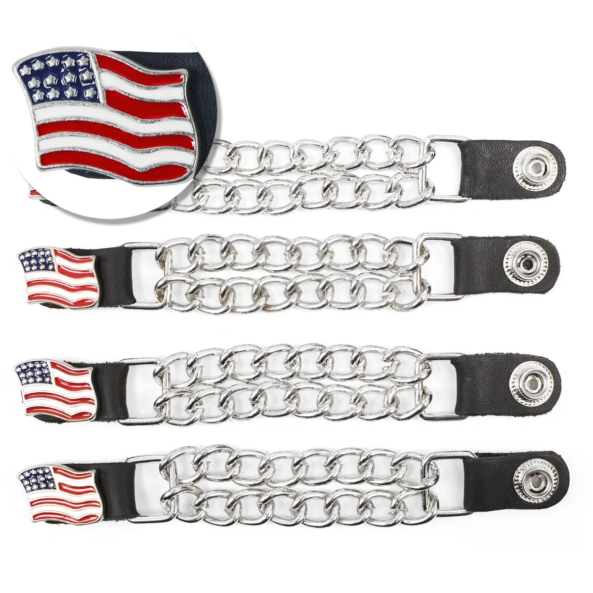 Milwaukee Leather American Flag Vest Extender - Double Chrome Chains Genuine Leather 6.5" Extension 4-PCS MLA6008SET