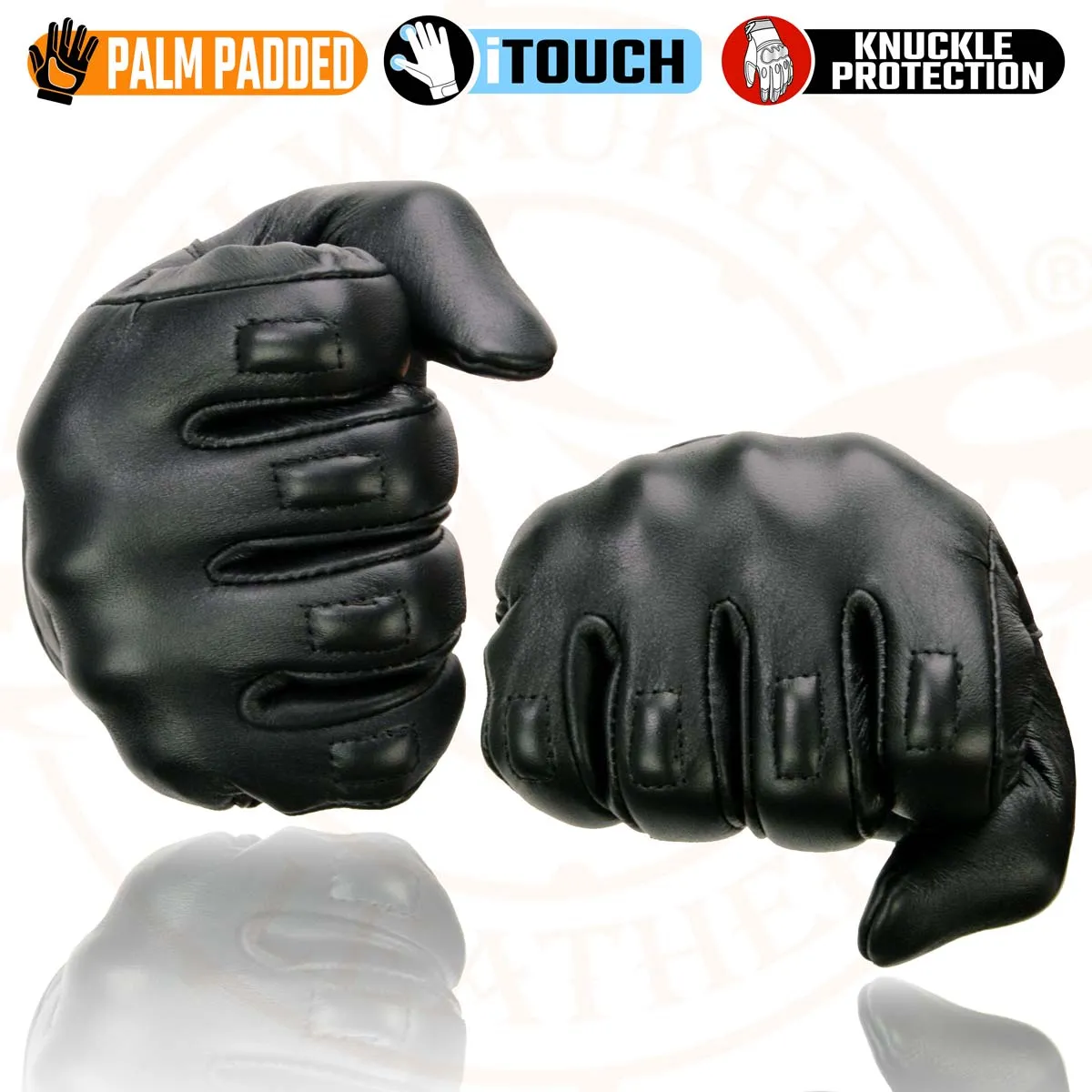 Milwaukee Leather MG7501 Men's Black Leather i-Touch Screen Compatible Gel Palm Motorcycle Gloves W/ Protective Knuckle