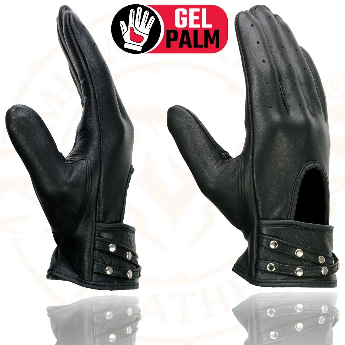 Milwaukee Leather MG7765 Women's Black Leather Gel Palm Open Wrist Motorcycle Hand Gloves W/ Stylish ‘Wrist Detailing’