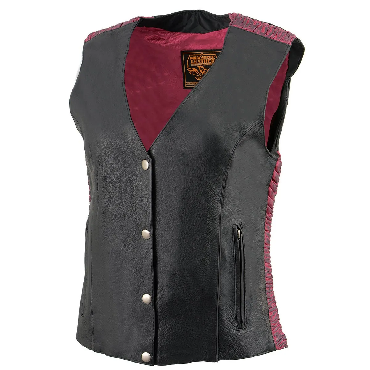 Milwaukee Leather MLL4570 Ladies Black and Fuchsia 'Studded Phoenix' Leather Vest