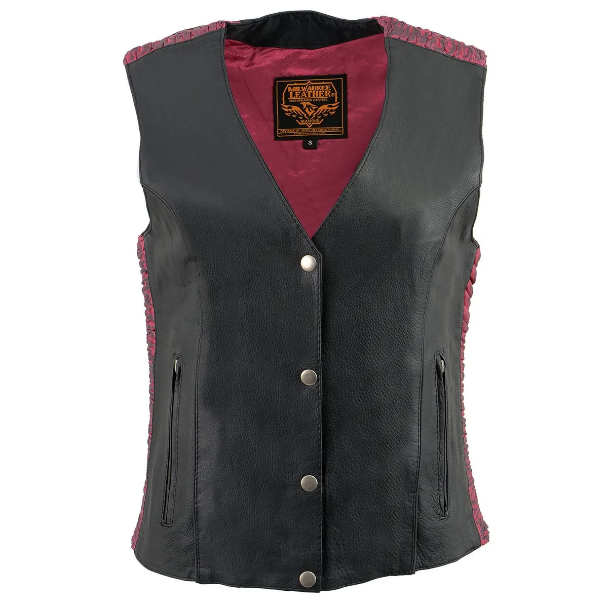 Milwaukee Leather MLL4570 Ladies Black and Fuchsia 'Studded Phoenix' Leather Vest