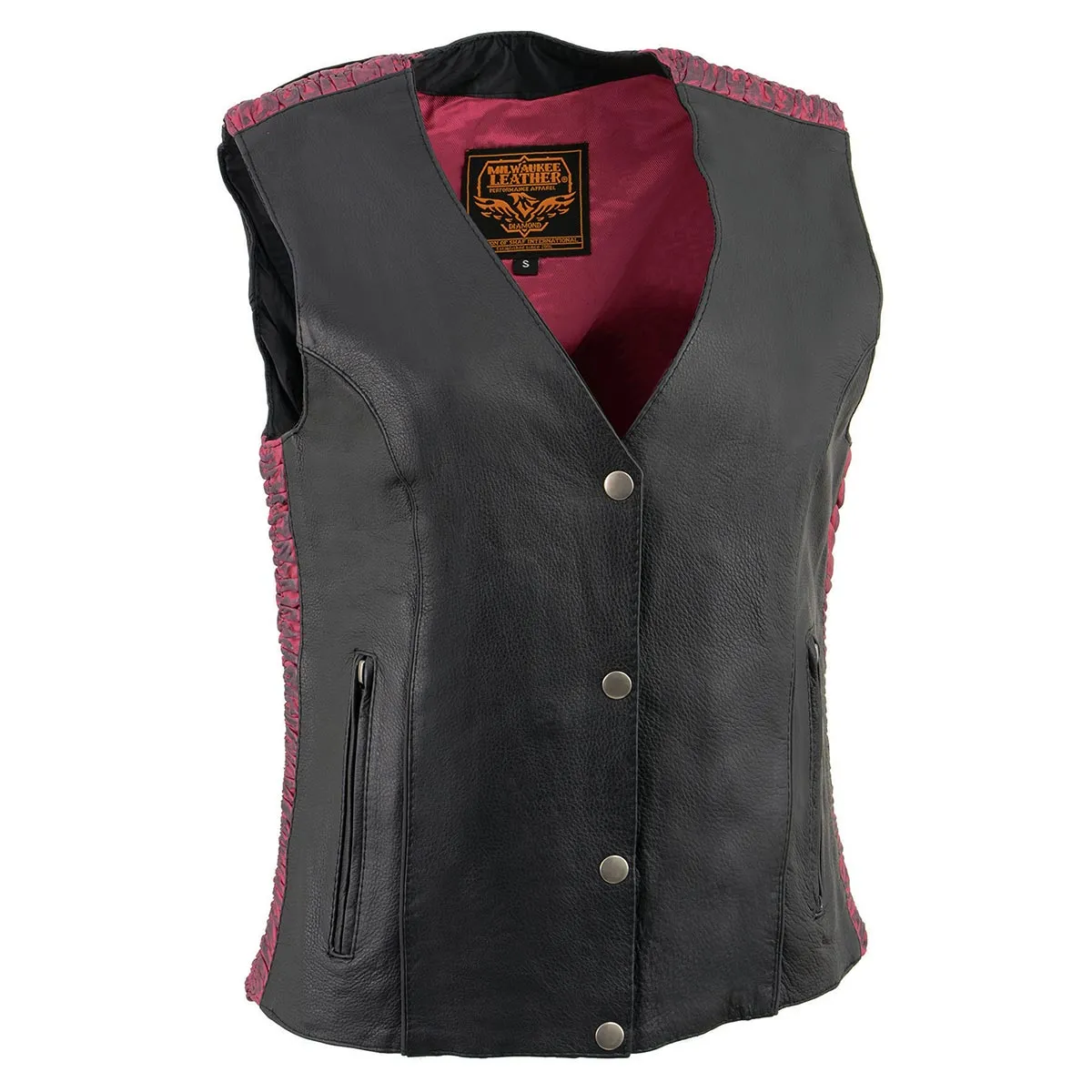 Milwaukee Leather MLL4570 Women's Studded Phoenix Black/Fuchsia Leather Motorcycle Vest w/ Embroidery Art