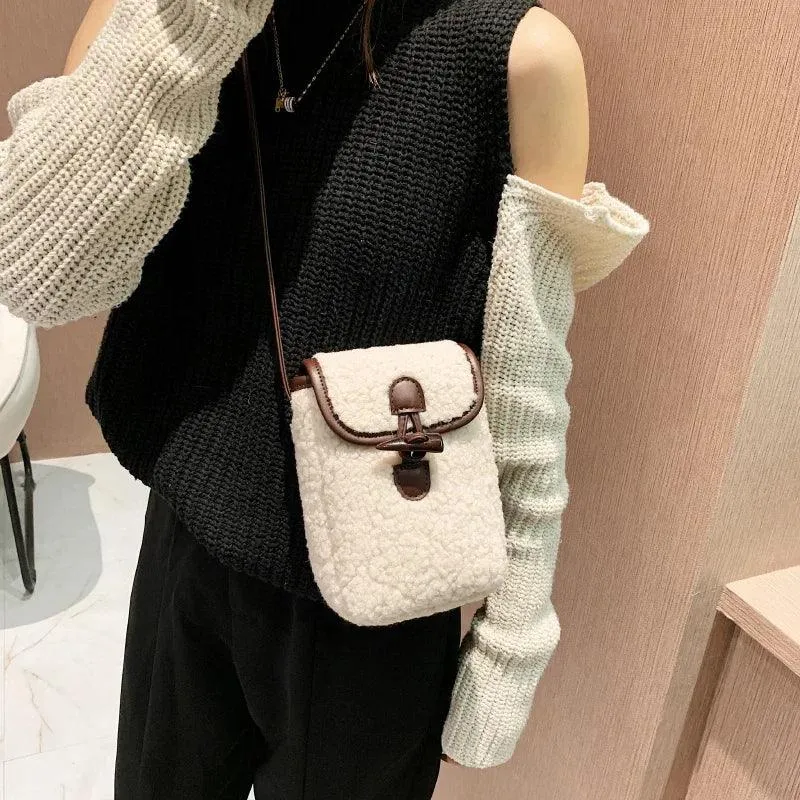 Mini Soft Lamb Down Fabric Plush Women's Toggle Flap Crossbody Phone Purses