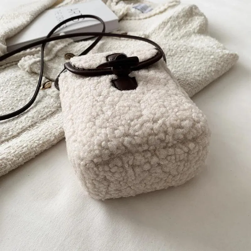 Mini Soft Lamb Down Fabric Plush Women's Toggle Flap Crossbody Phone Purses