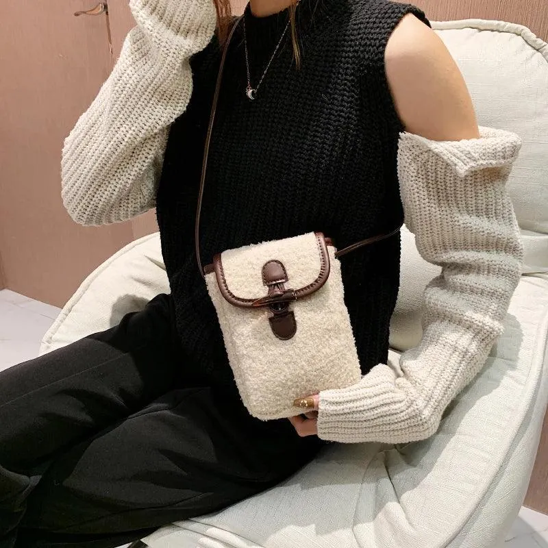 Mini Soft Lamb Down Fabric Plush Women's Toggle Flap Crossbody Phone Purses