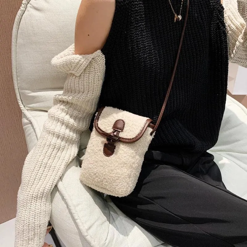 Mini Soft Lamb Down Fabric Plush Women's Toggle Flap Crossbody Phone Purses