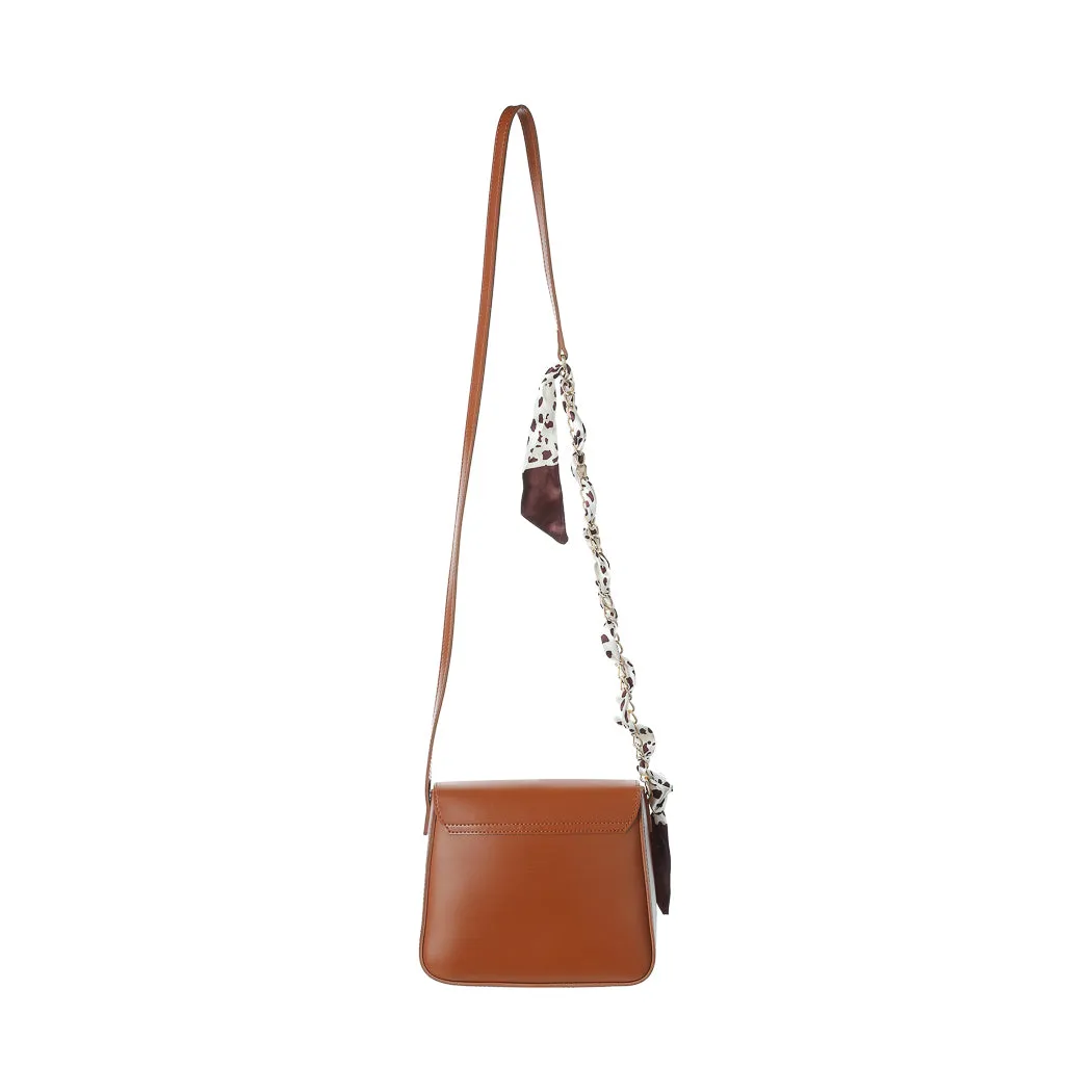 Miniso Flap Crossbody Bag with Silk Like Scarf and Chain Coffe