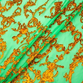 Mint Green Gold Filigree Printed Devoré Velvet