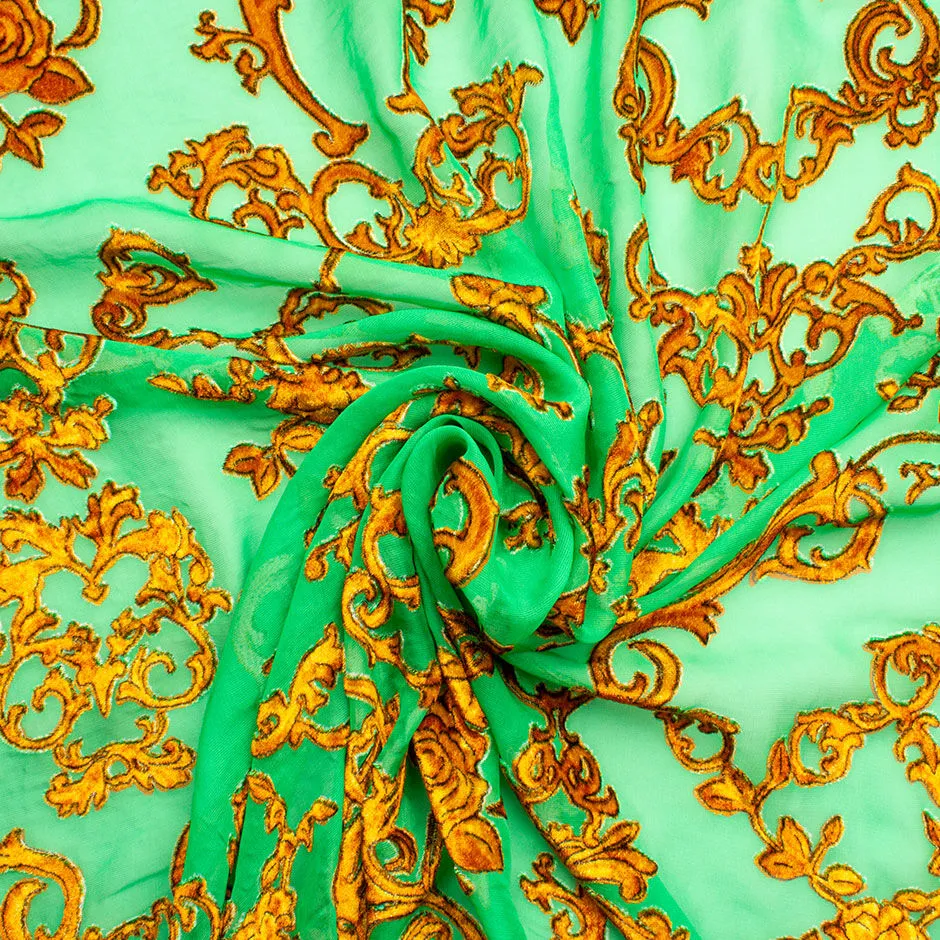 Mint Green Gold Filigree Printed Devoré Velvet