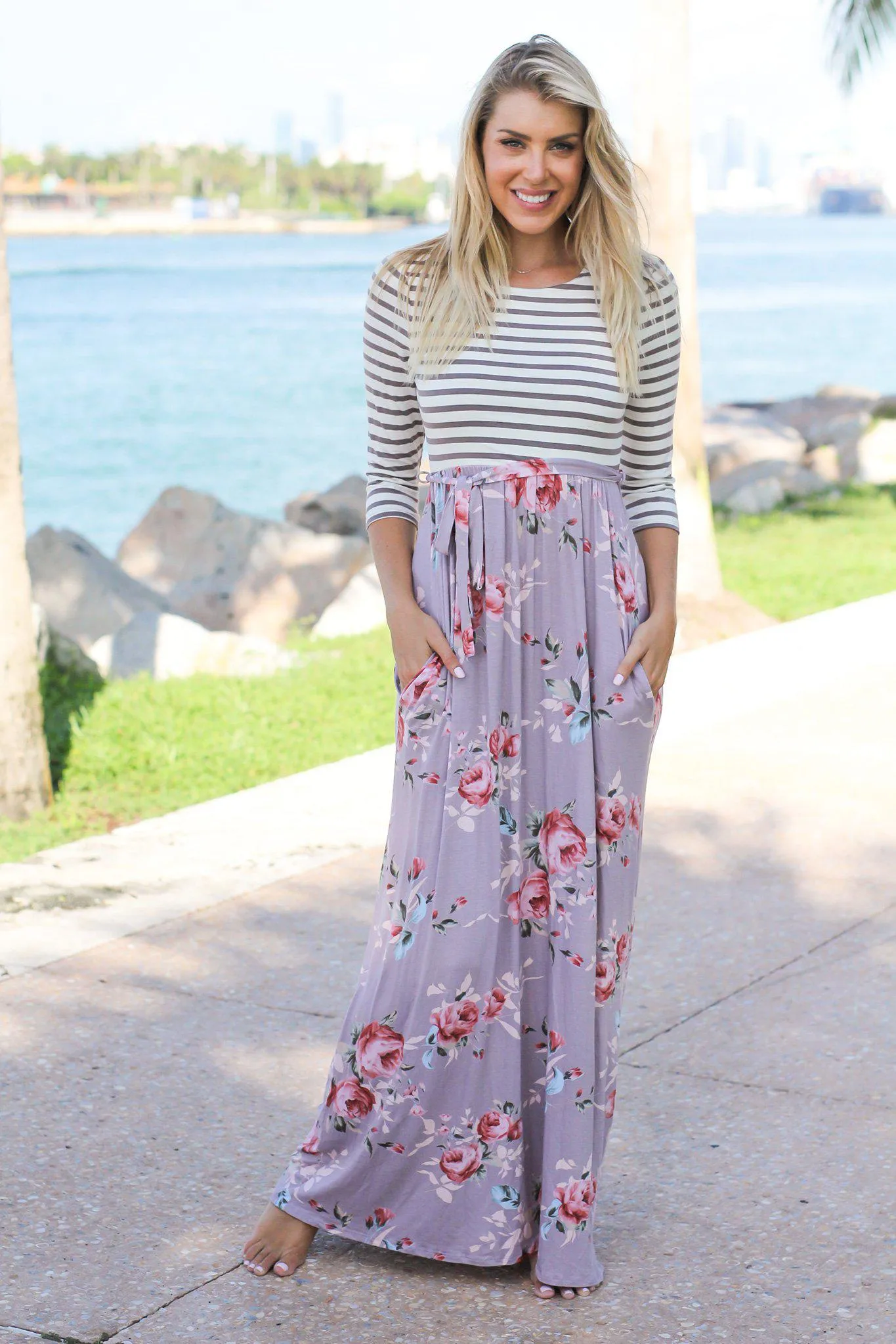 Mocha Floral Striped Maxi Dress with Tie Waist