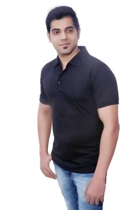 Modern Black Cotton Solid Polo T-Shirt For Men