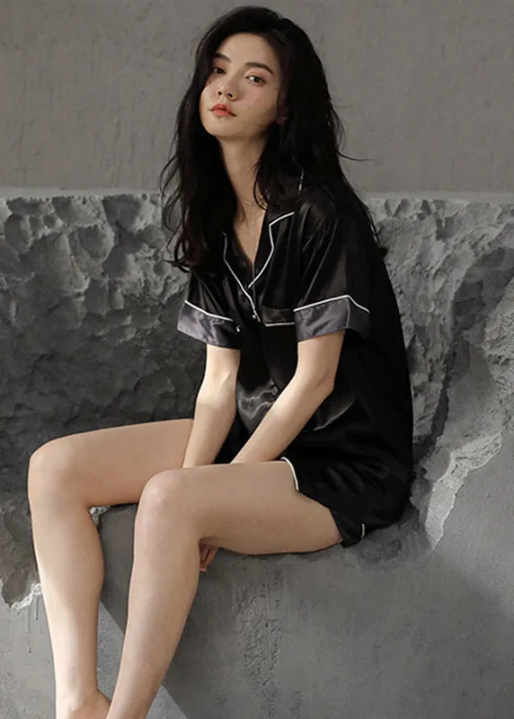 Modern Black Peter Pan Collar Patchwork Ice Silk Couple Pajamas Two Pieces Set Summer LY2846