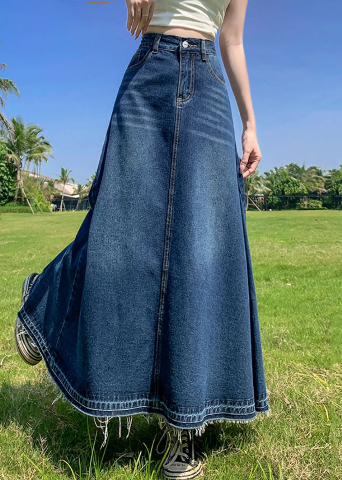 Modern Blue Pockets High Waist Patchwork Denim A Line Skirts Summer LY9114