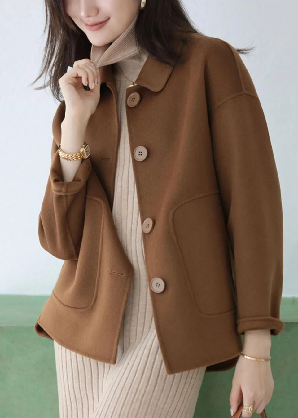 Modern Coffee Peter Pan Collar Patchwork Button Down Woolen Coat Fall