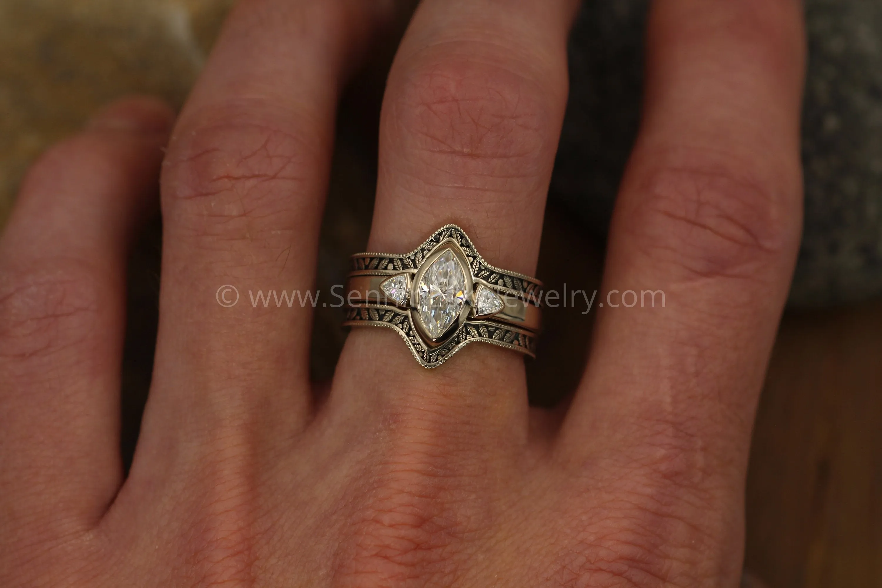 Moissanite White Gold Hand Made Leaf Engraved Vintage Engagement Ring Set - Marquise