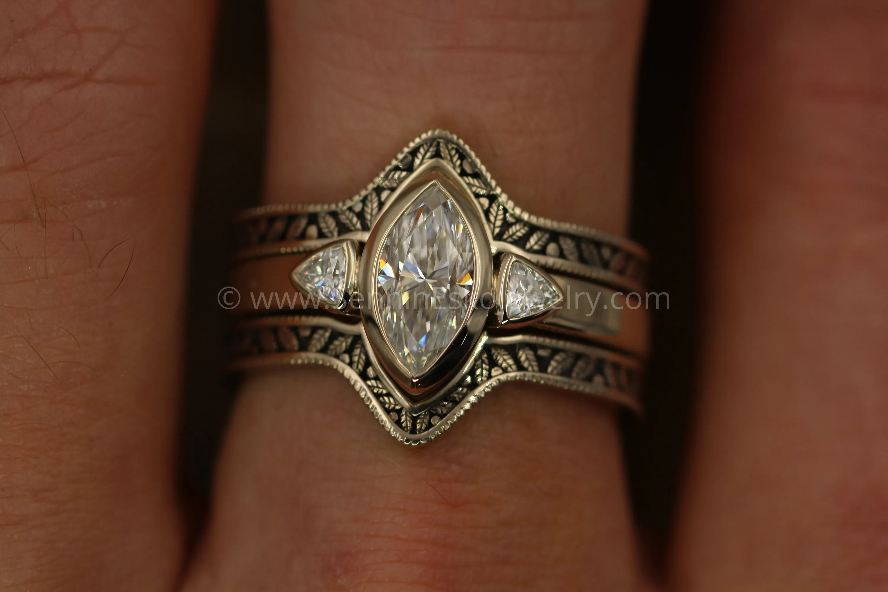 Moissanite White Gold Hand Made Leaf Engraved Vintage Engagement Ring Set - Marquise