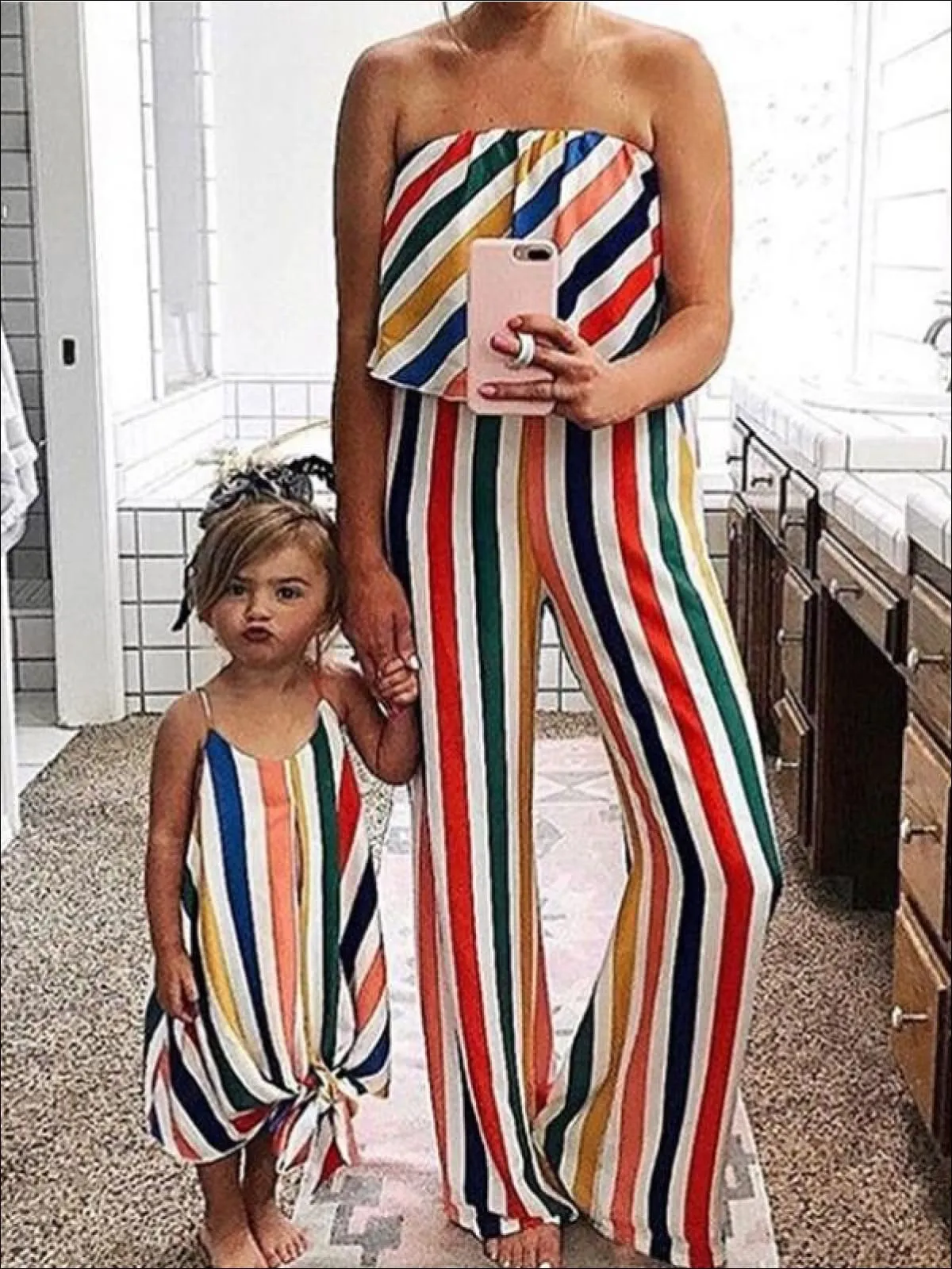 Mommy and Me Striped Sleeveless Jumpsuit and Maxi Dress