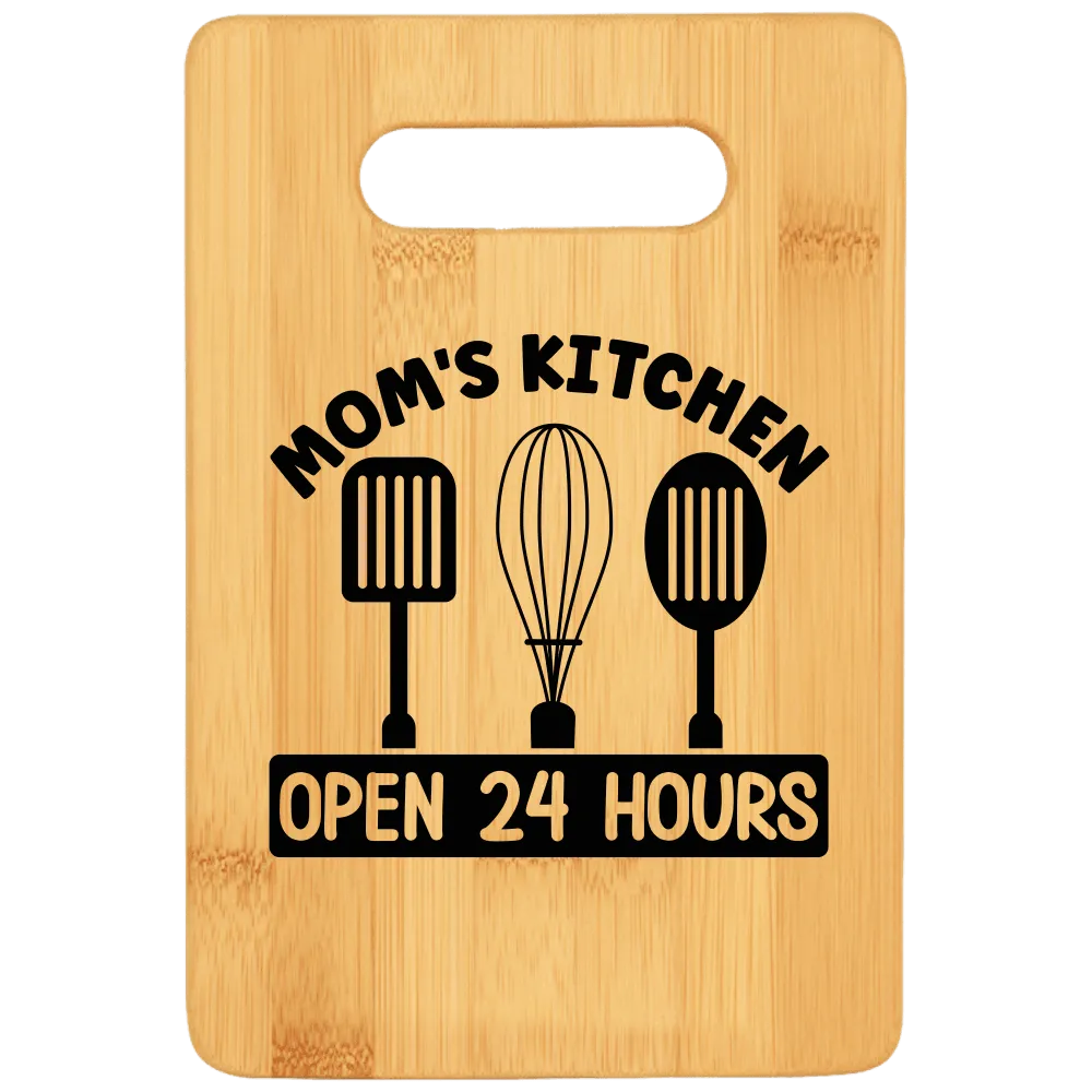 Mom's Kitchen Open 24 Hours Funny Stove Top Cutting Board with Handle