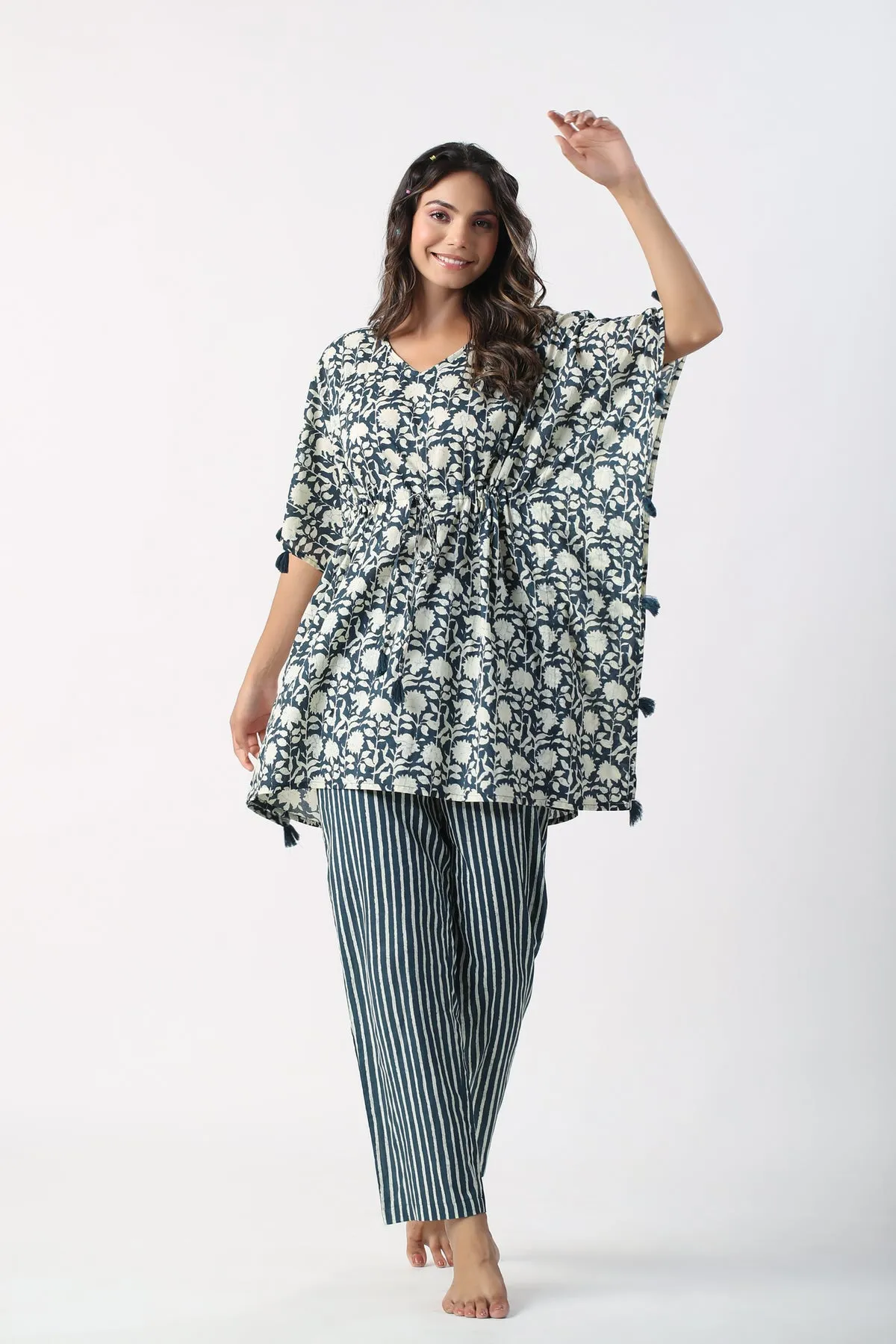 Monochrome blue Jaal with Stripes Cotton Kaftan Pajama set