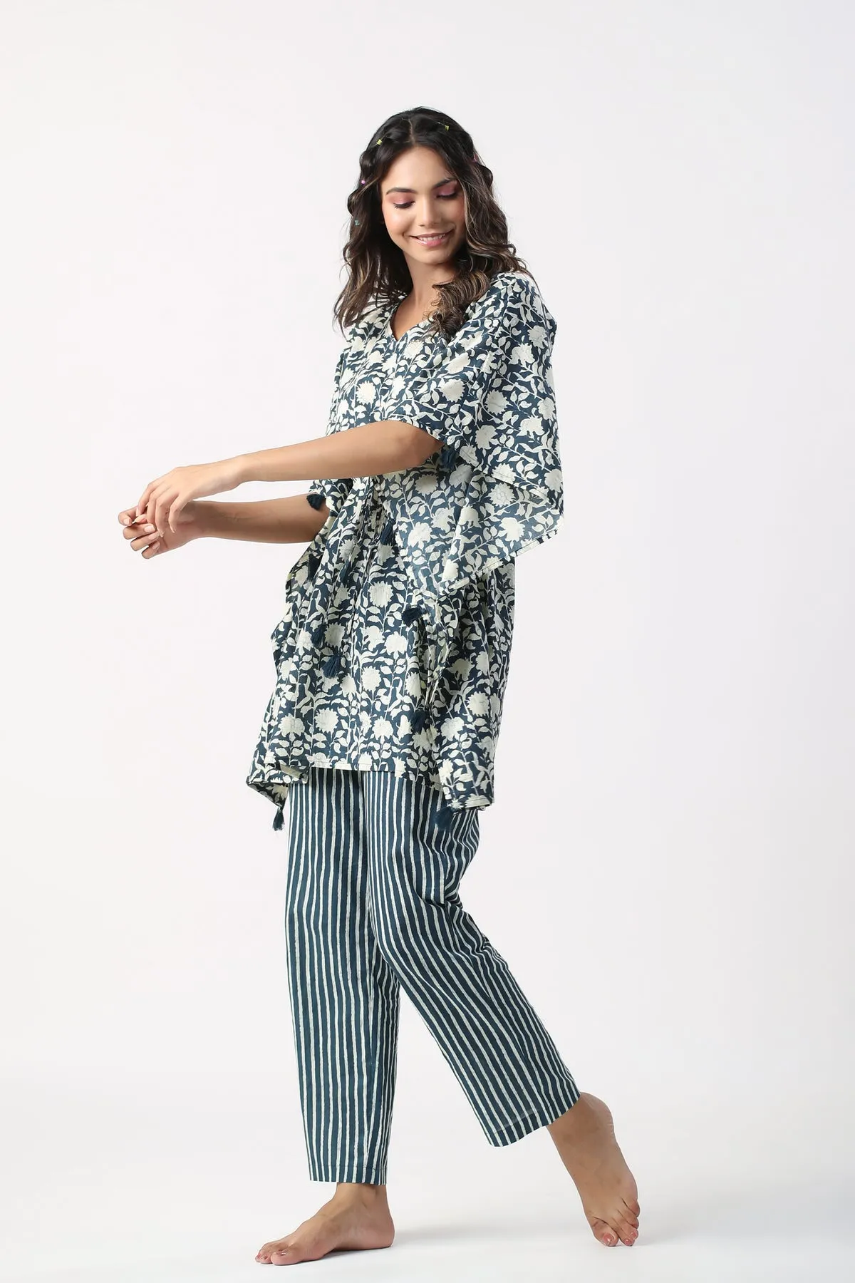 Monochrome blue Jaal with Stripes Cotton Kaftan Pajama set