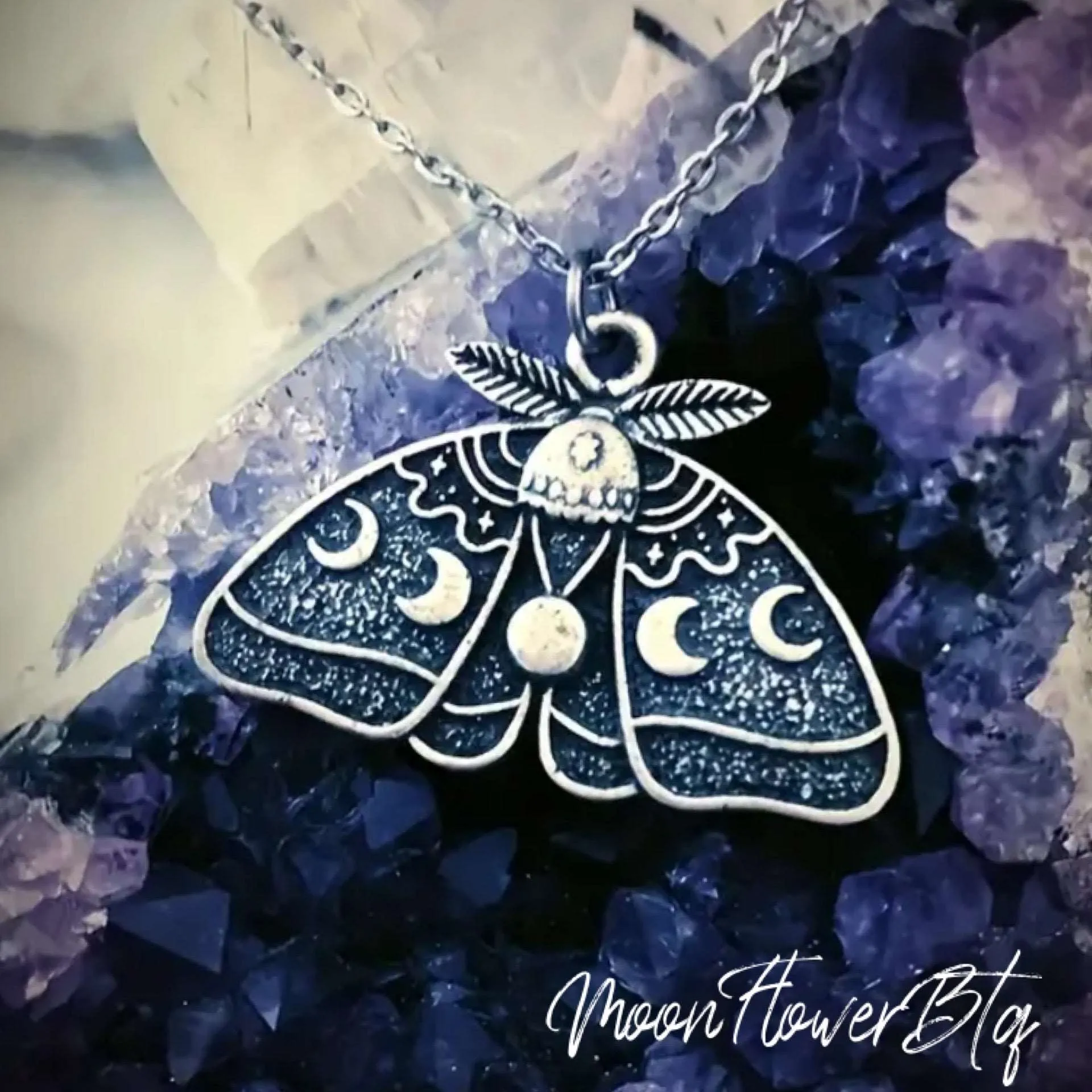 Moon Phase Moth Butterfly Pendant Necklace