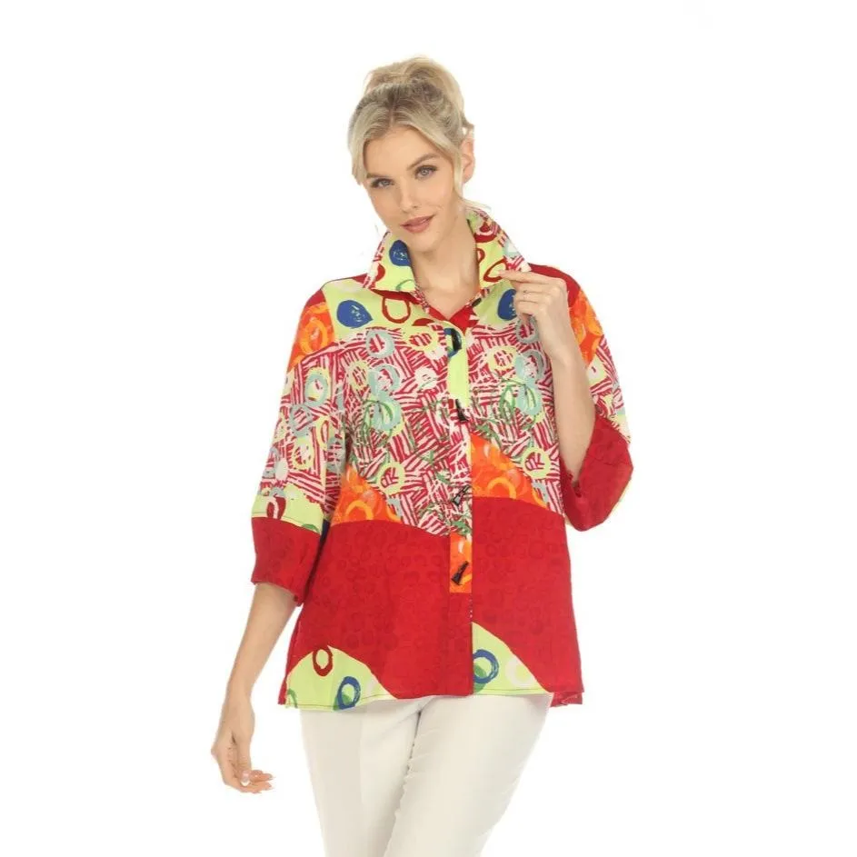 Moonlight Mixed-Print Button Front Blouse in Red Multi- 3540