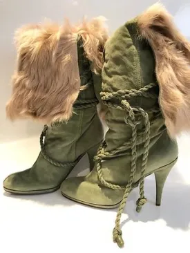 MOSCHINO KNEE HIGH GREEN SUEDE HEEL BOOTS