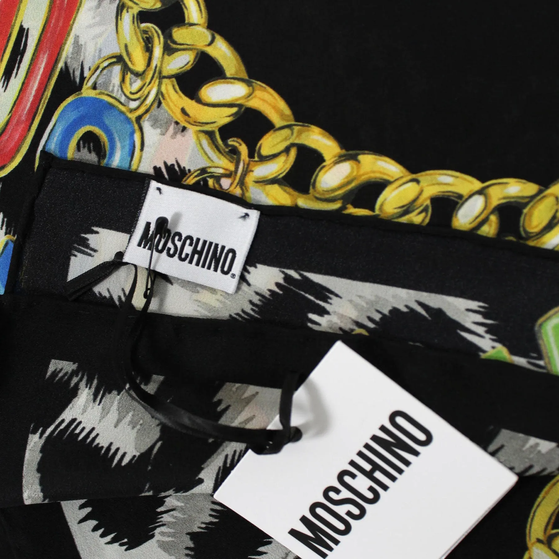 Moschino Scarf Black Multi Colored Logo Design - Large Square Silk Foulard FINAL SALE