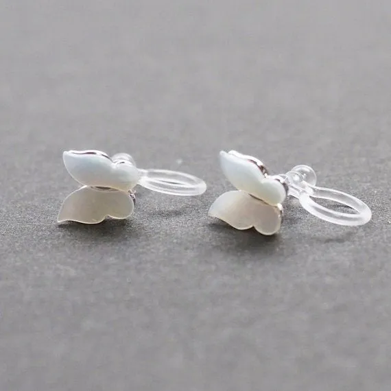 Mother Of Pearl Butterfly Invisible Clip On Stud Earrings (Silver tone)