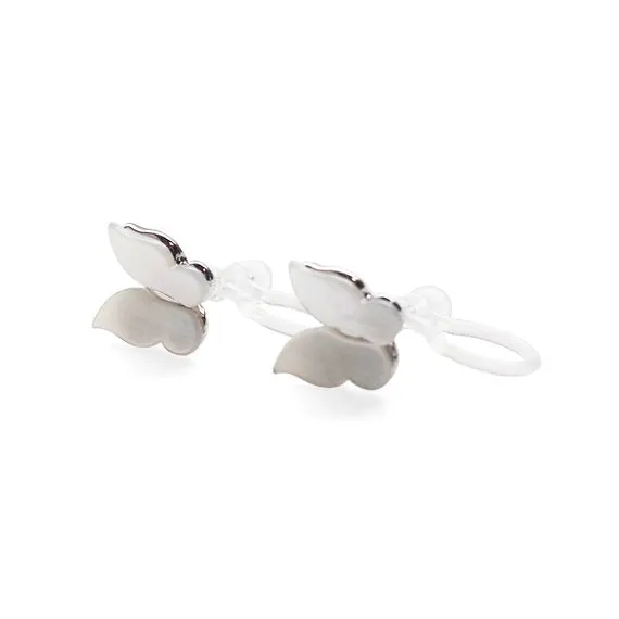 Mother Of Pearl Butterfly Invisible Clip On Stud Earrings (Silver tone)