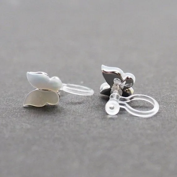 Mother Of Pearl Butterfly Invisible Clip On Stud Earrings (Silver tone)