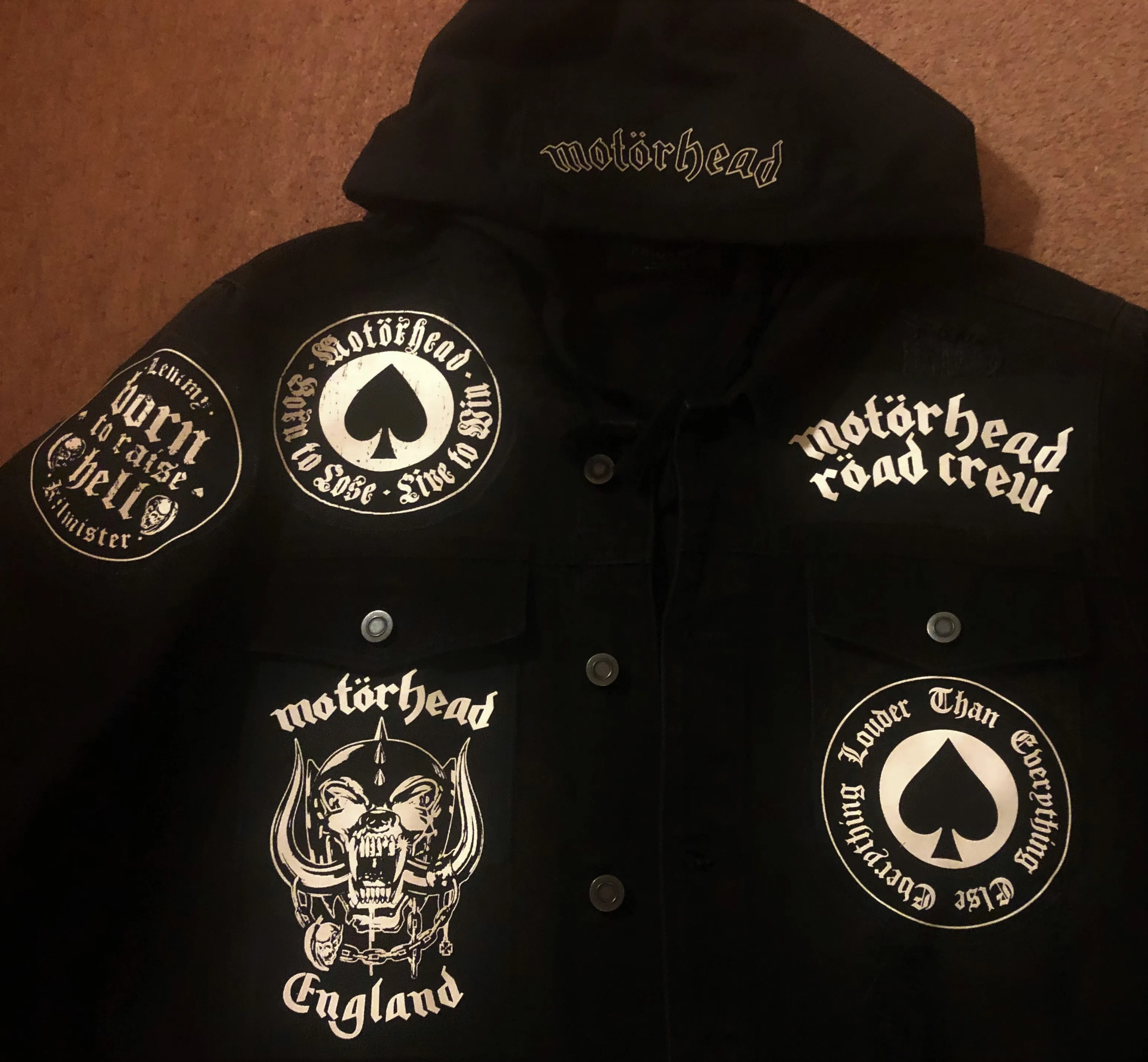 Motörhead Road Crew Distressed Slashed Hooded Denim Jacket Ace Of Spades