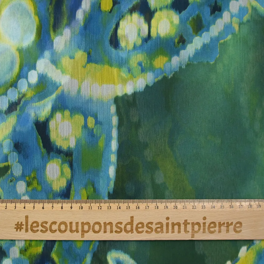 Mousseline imprimée crinkle cellulose bleu, vert et jaune