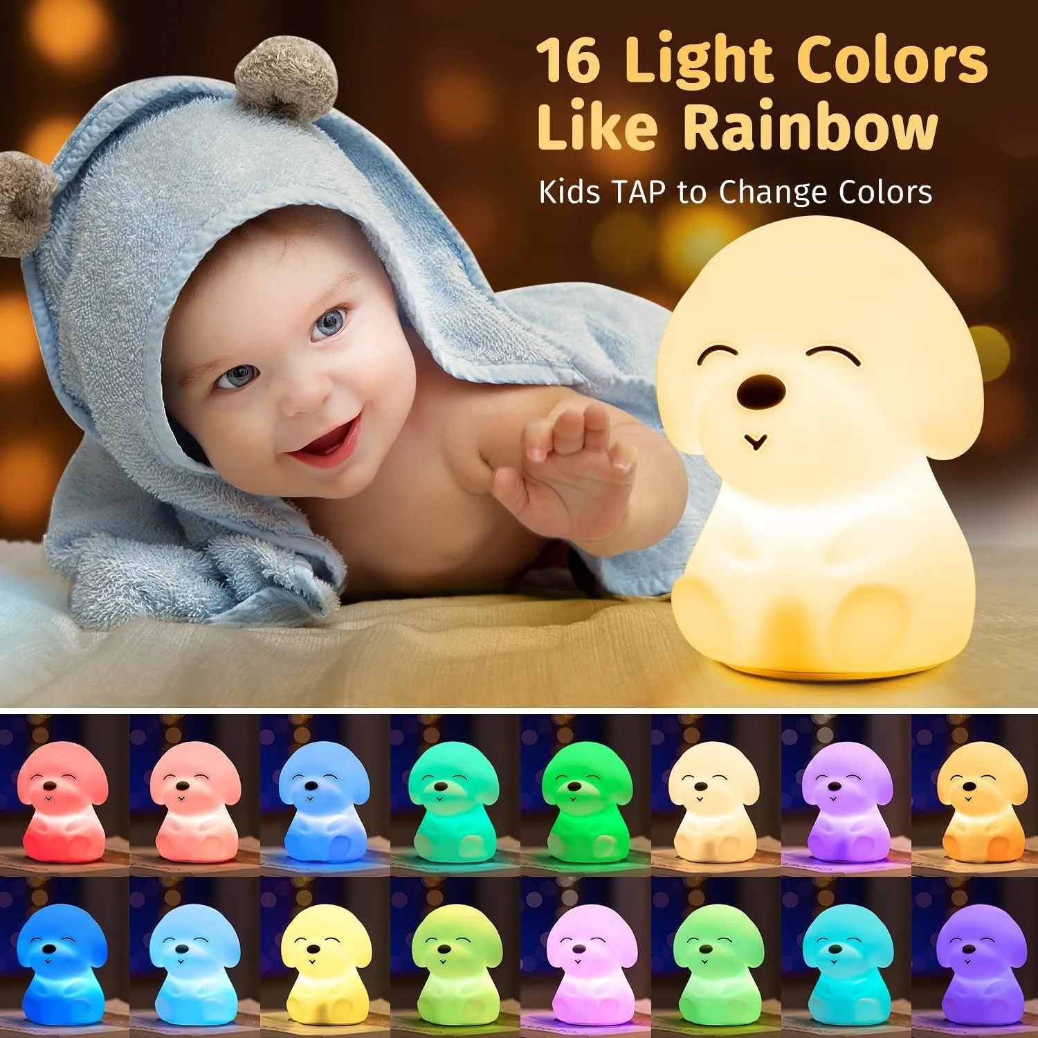 Mubarek Night Light for Kids Lamp,16 Colors & Soft Silicone Kids Night Light Lamp,Dimmable Rechargeable Toddler Night Light for Baby Nursery,Baby Night Light Nightlight for Kids Room, Dog Themed Gifts