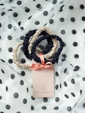 Mulberry Silk Skinny Scrunchies - Black/Champagne