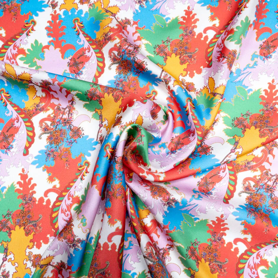 Multi-Coloured Multi Printed White Silk Twill