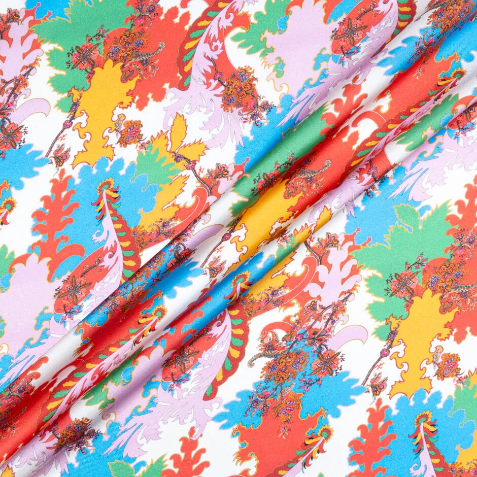 Multi-Coloured Multi Printed White Silk Twill