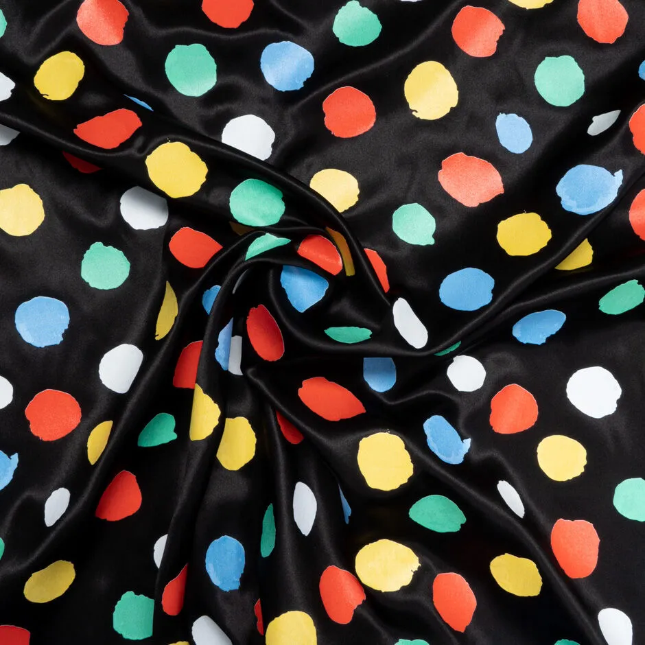 Multi-Coloured Spotted Black Pure Silk Satin