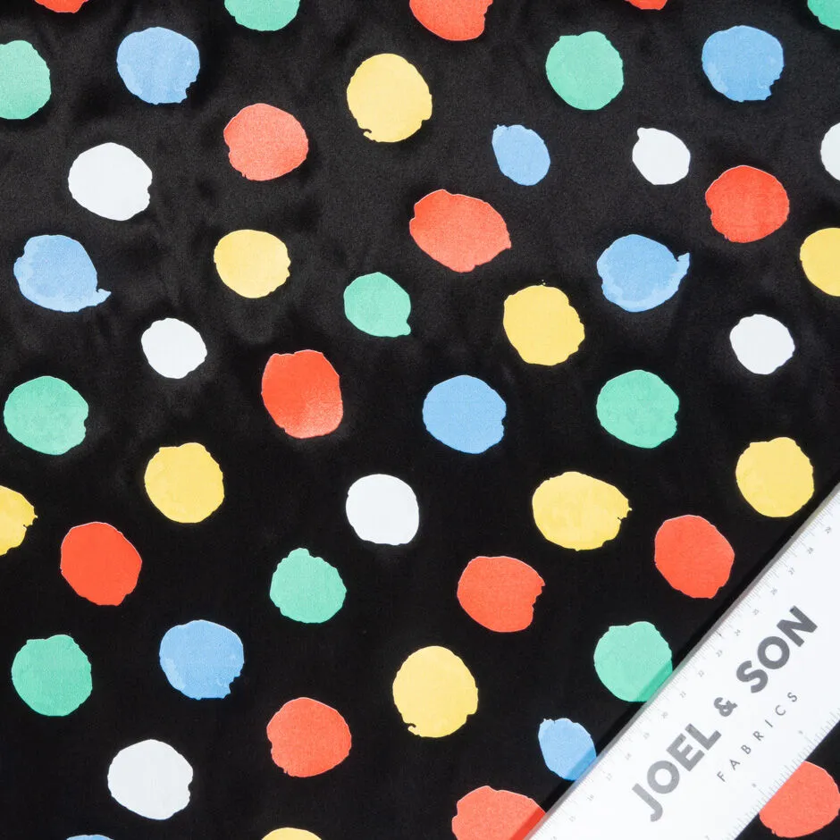 Multi-Coloured Spotted Black Pure Silk Satin