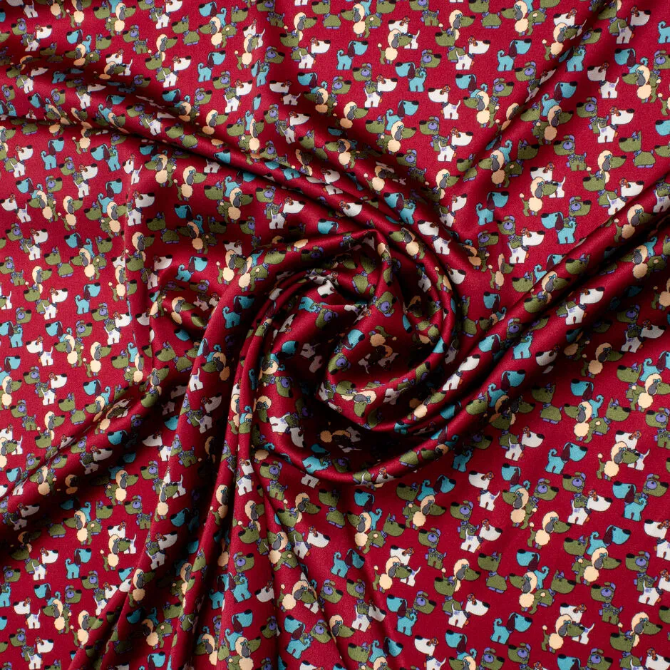 Multi Dog Printed Deep Red Stretch Silk Satin