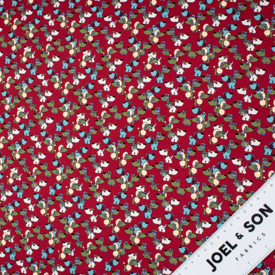 Multi Dog Printed Deep Red Stretch Silk Satin