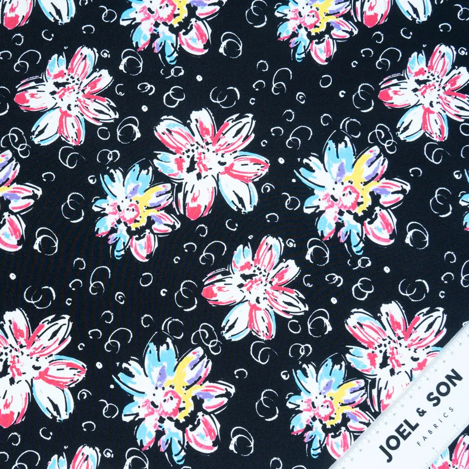 Multi Floral Printed Black Silk Satin