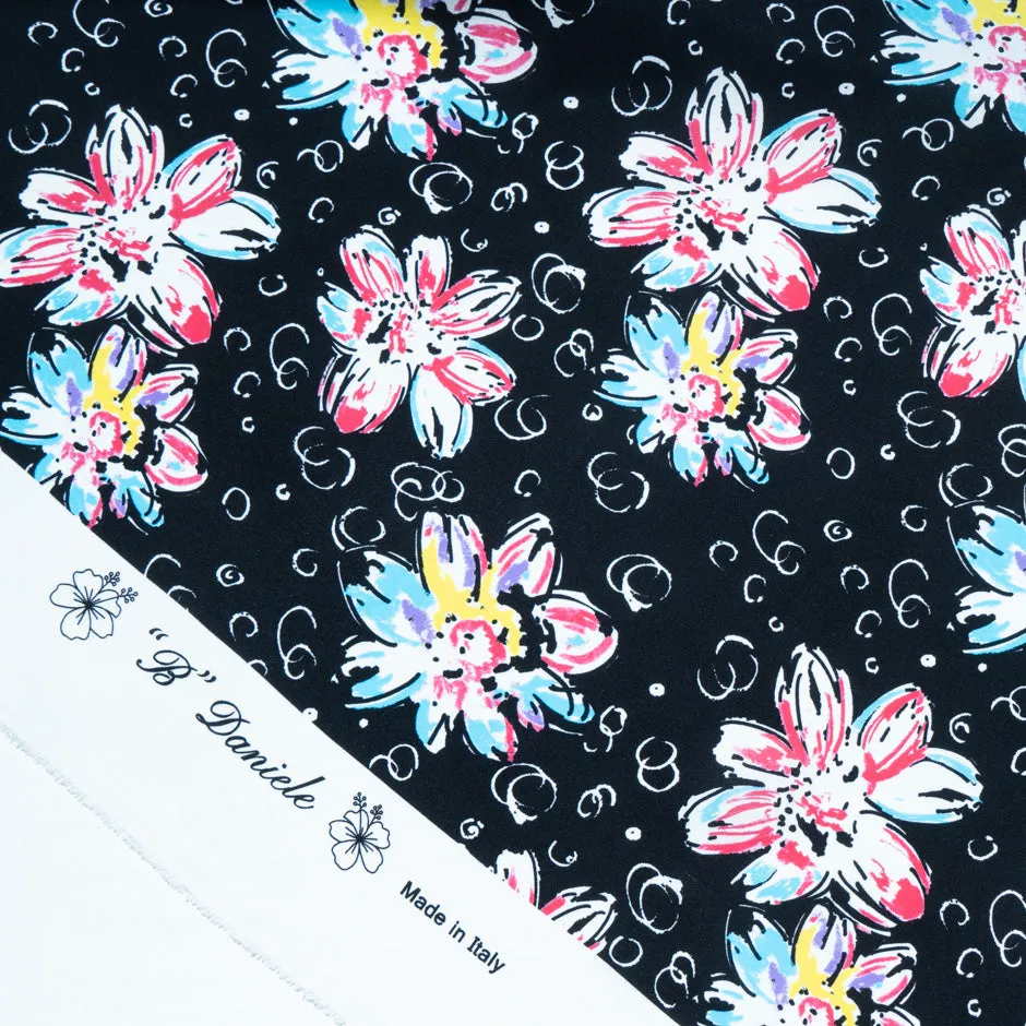 Multi Floral Printed Black Silk Satin