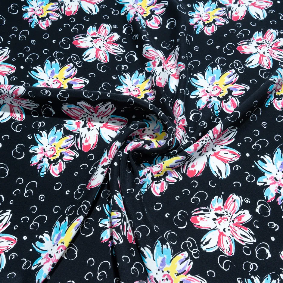 Multi Floral Printed Black Silk Satin