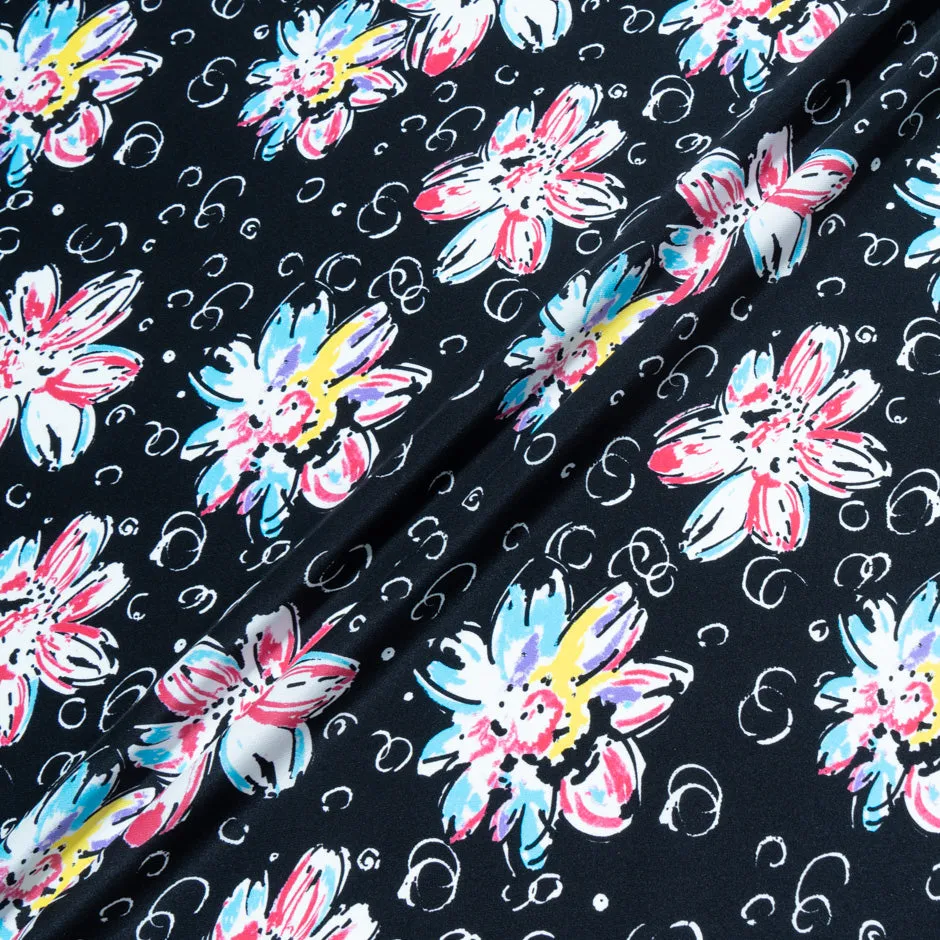 Multi Floral Printed Black Silk Satin