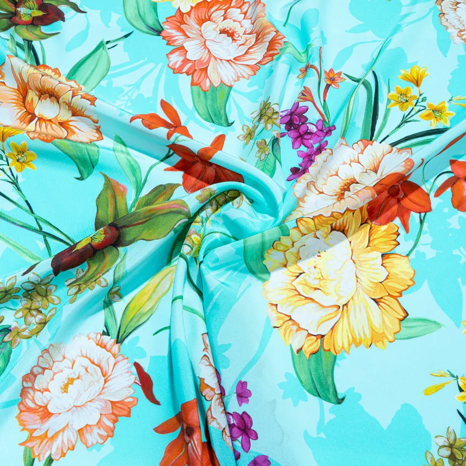 Multi Floral Printed Turquoise Silk Crêpe de Chine