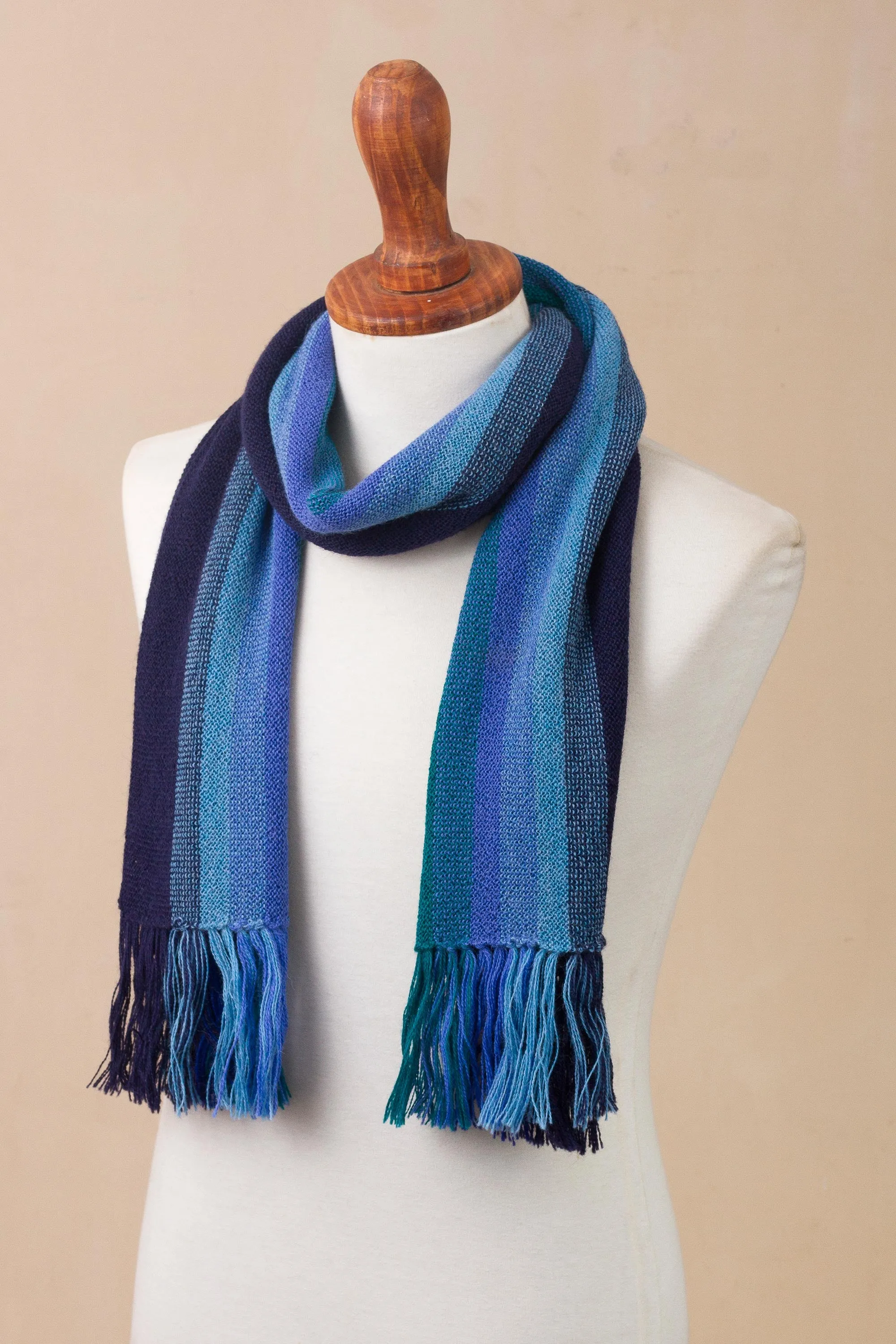 Multicolor Blue and Teal Striped 100% Alpaca Knit Scarf - Evening Sky Stripes | NOVICA