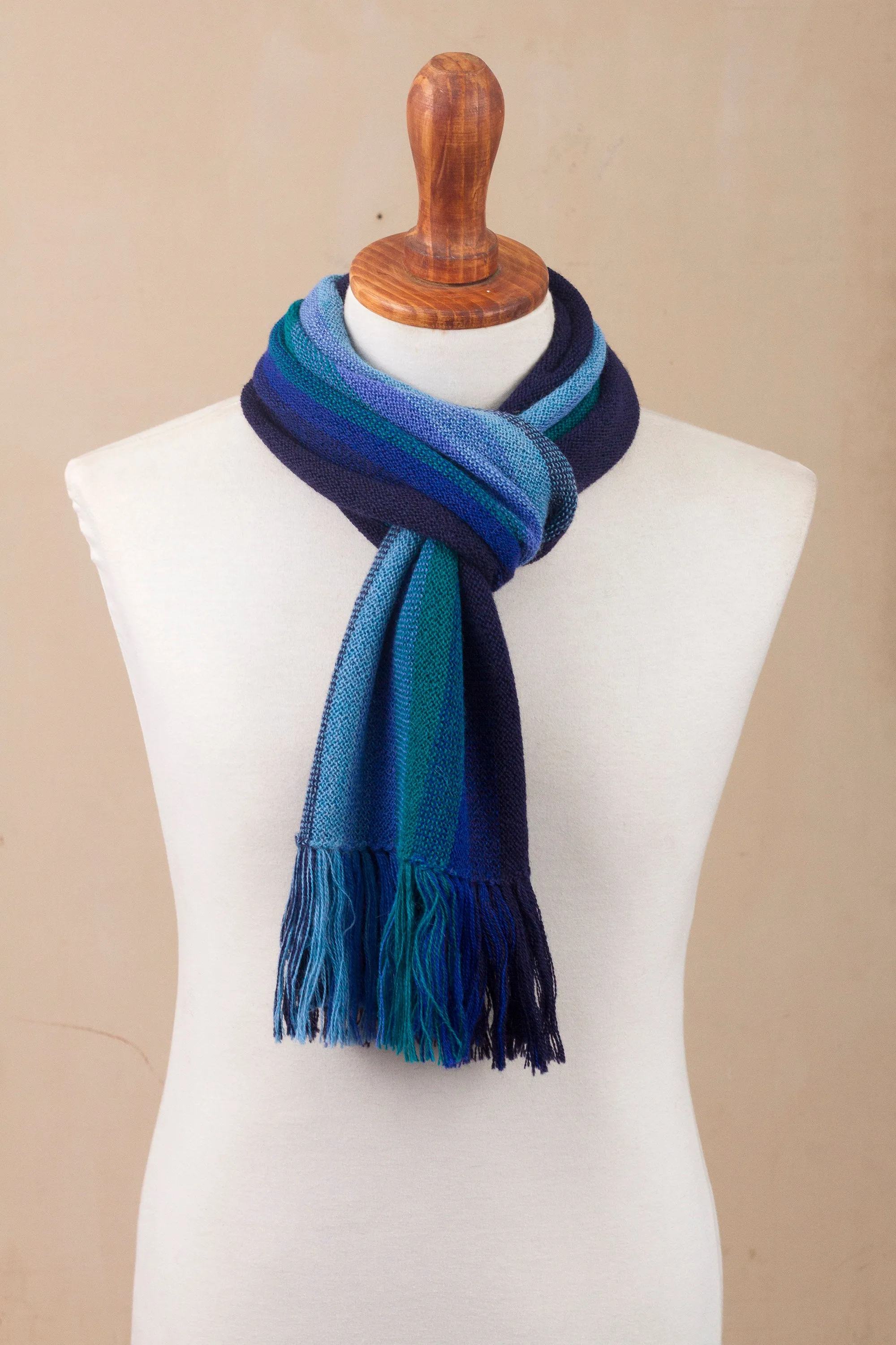 Multicolor Blue and Teal Striped 100% Alpaca Knit Scarf - Evening Sky Stripes | NOVICA