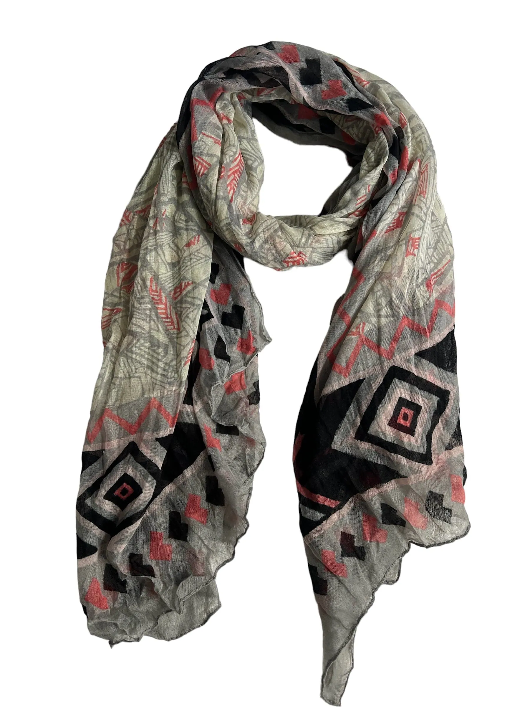 Multicoloured Scarf - Grey Black Pink Geo Print