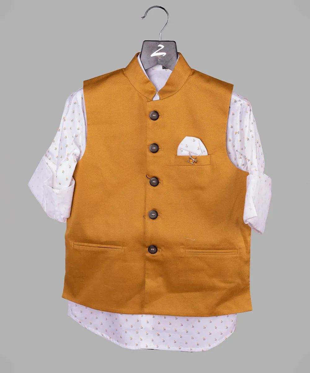 Mustard Colored Waist Coat Set with White Printed Shirt for Boys